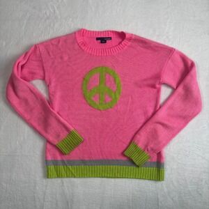 Basic Editions Pink Green Peace Sign Knit Long Sleeve Pullover Sweater Womens XL